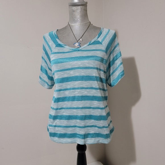 y2k Vanity striped v neck short sleeve tee shiny blue top m - Picture 2 of 11